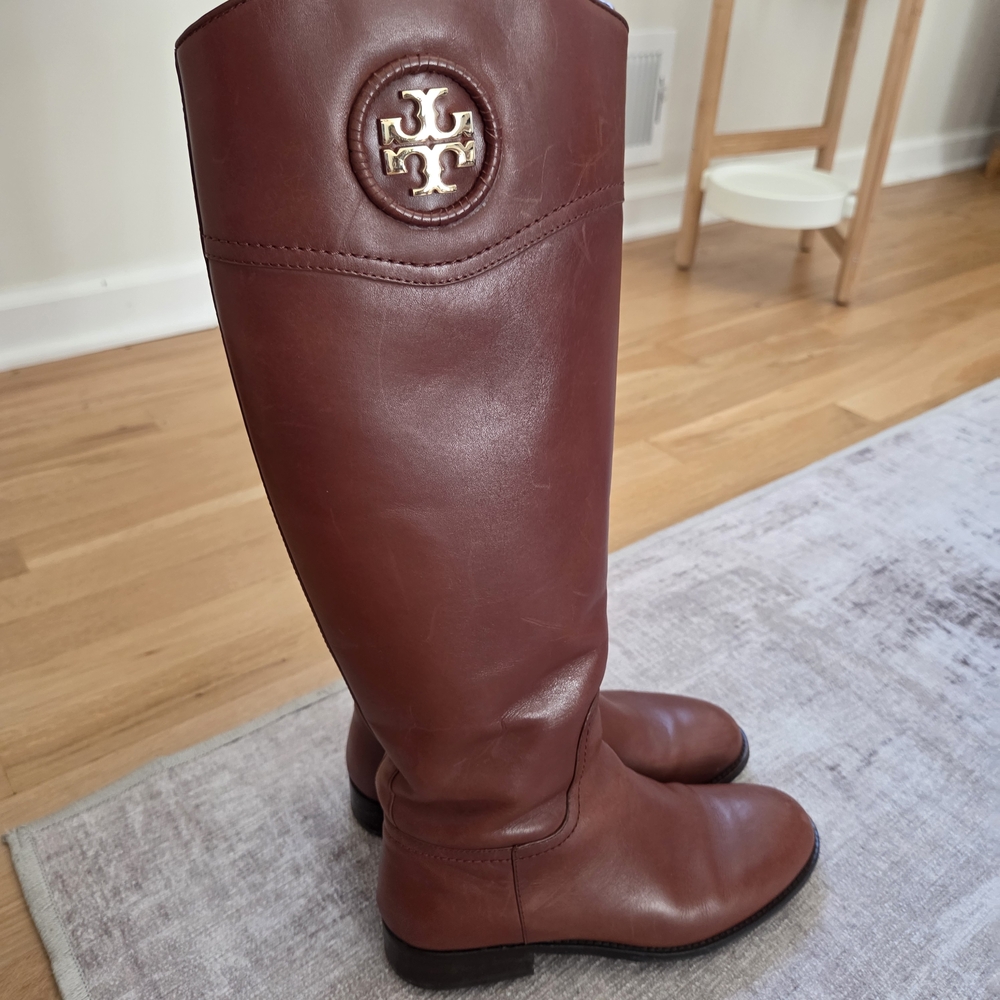 Tory Burch Leather Tall Riding Boots, Brown, Size 7